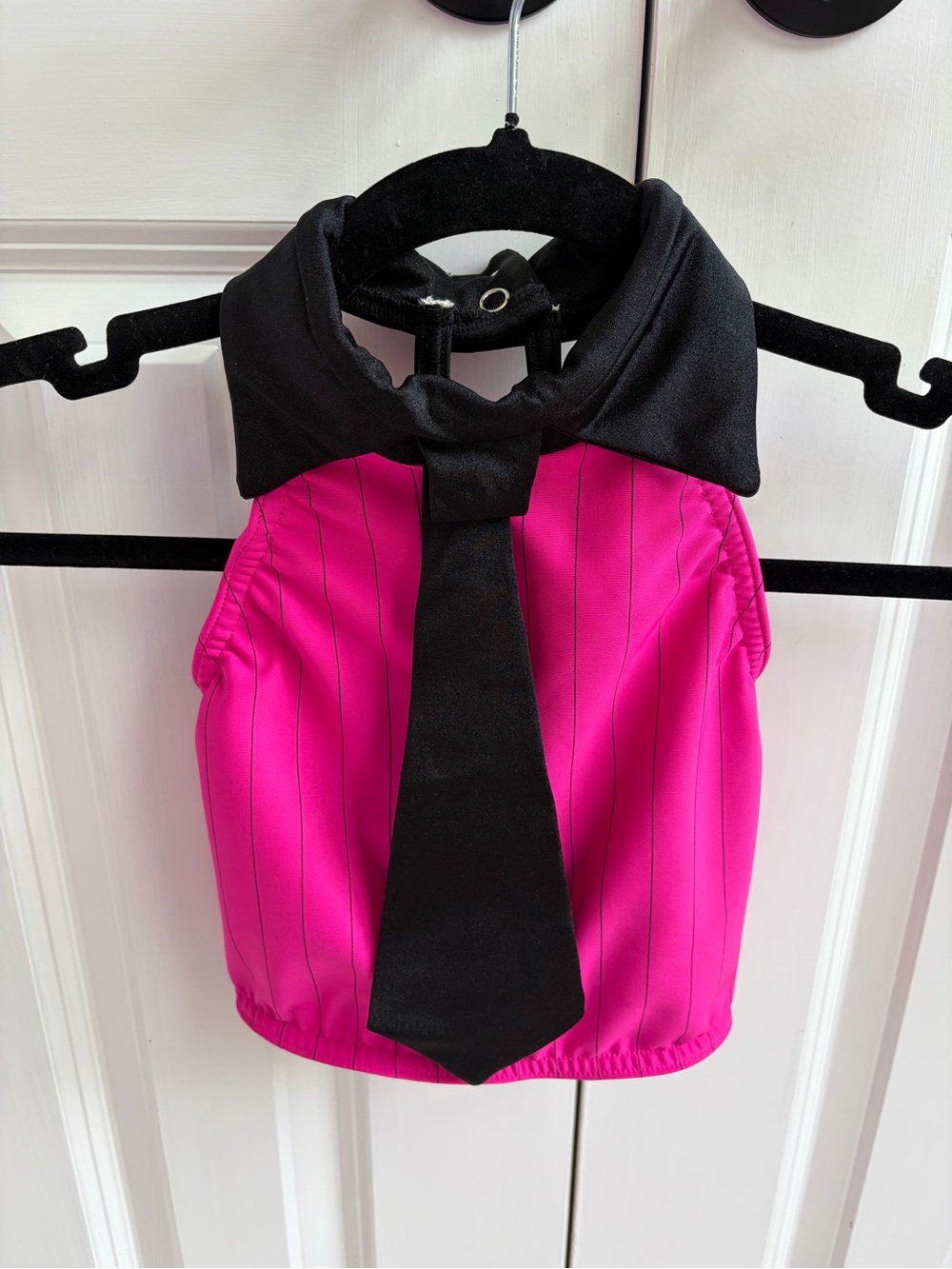 Kelle “All That Pink” Hot Pink Pinstripe top with Black Collar & Tie